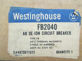 WESTINGHOUSE FB2040 AB De Ion Circuit Breaker Type FB 2 Pole 40 AMPS 600V AC